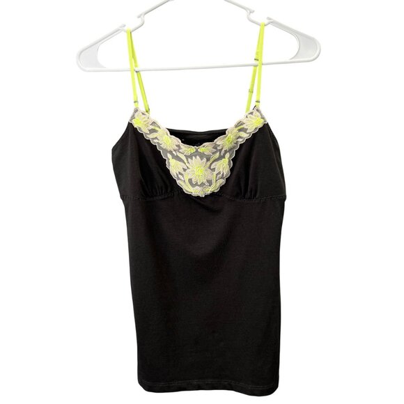 Y2K American Eagle Outfitters Tank Top Cami M Gray Lace Neon Lime Empire Waist - Picture 1 of 6